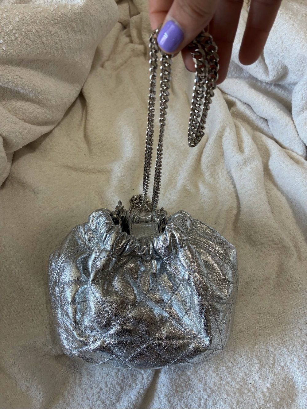 Zara Silver Quilted Drawstring Crossbody Bag